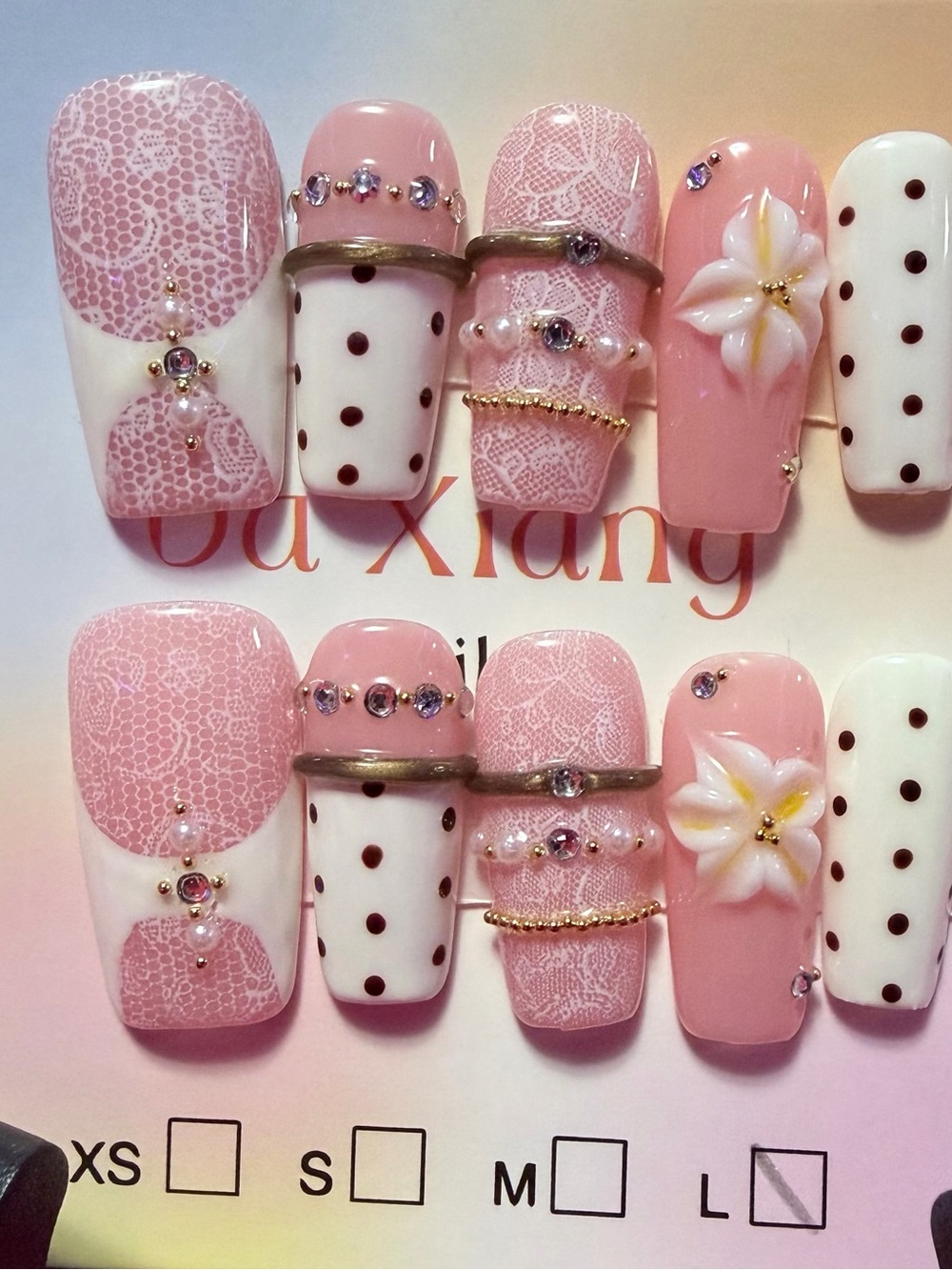 Pink Polka & Lace False Nail Set with Floral Accent